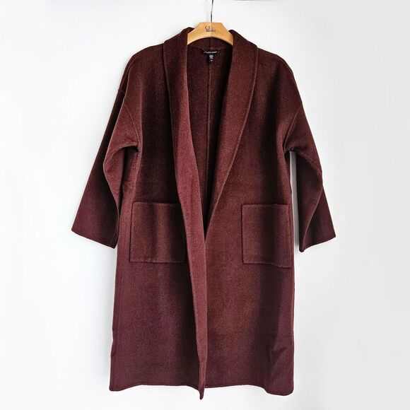 Eileen Fisher Lightweight Boiled Wool Open Front Cardigan Coat L Dark Burgundy